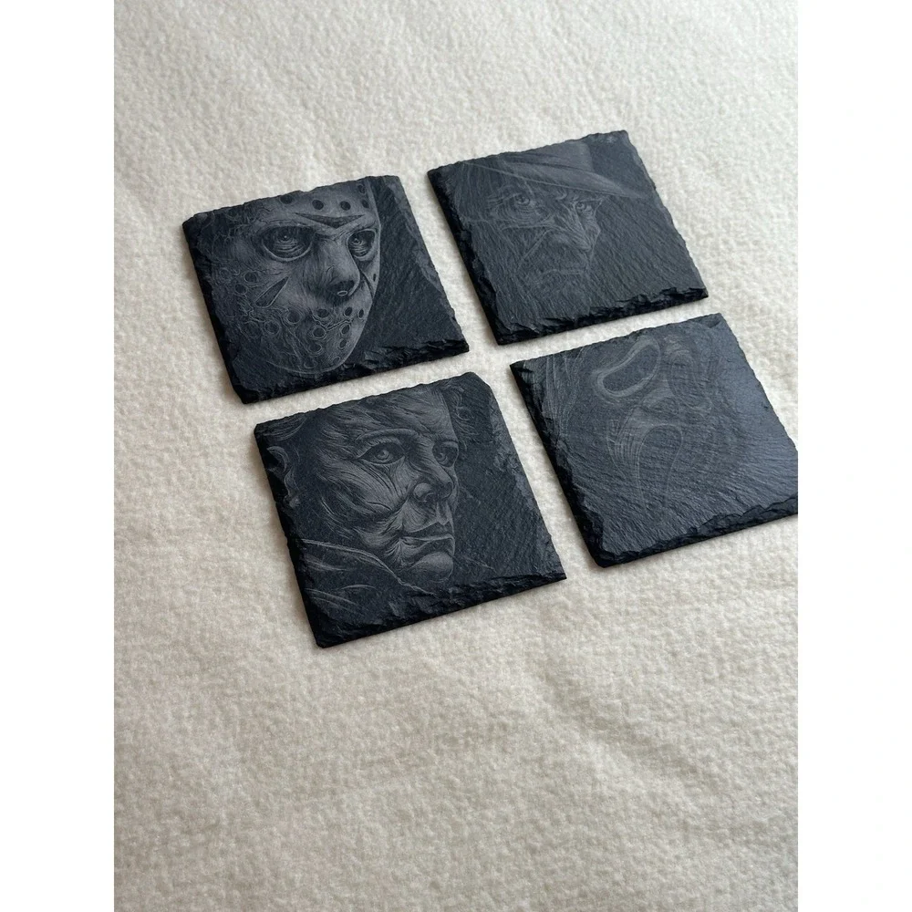 Horror Movie Slate Coasters Set of 4 Laser Engraved Slasher Halloween Gift Art